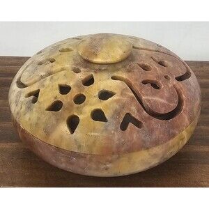 Natural Hand Carved Soap Stone Incense Burner Trinket Box W/Lid Jali Design